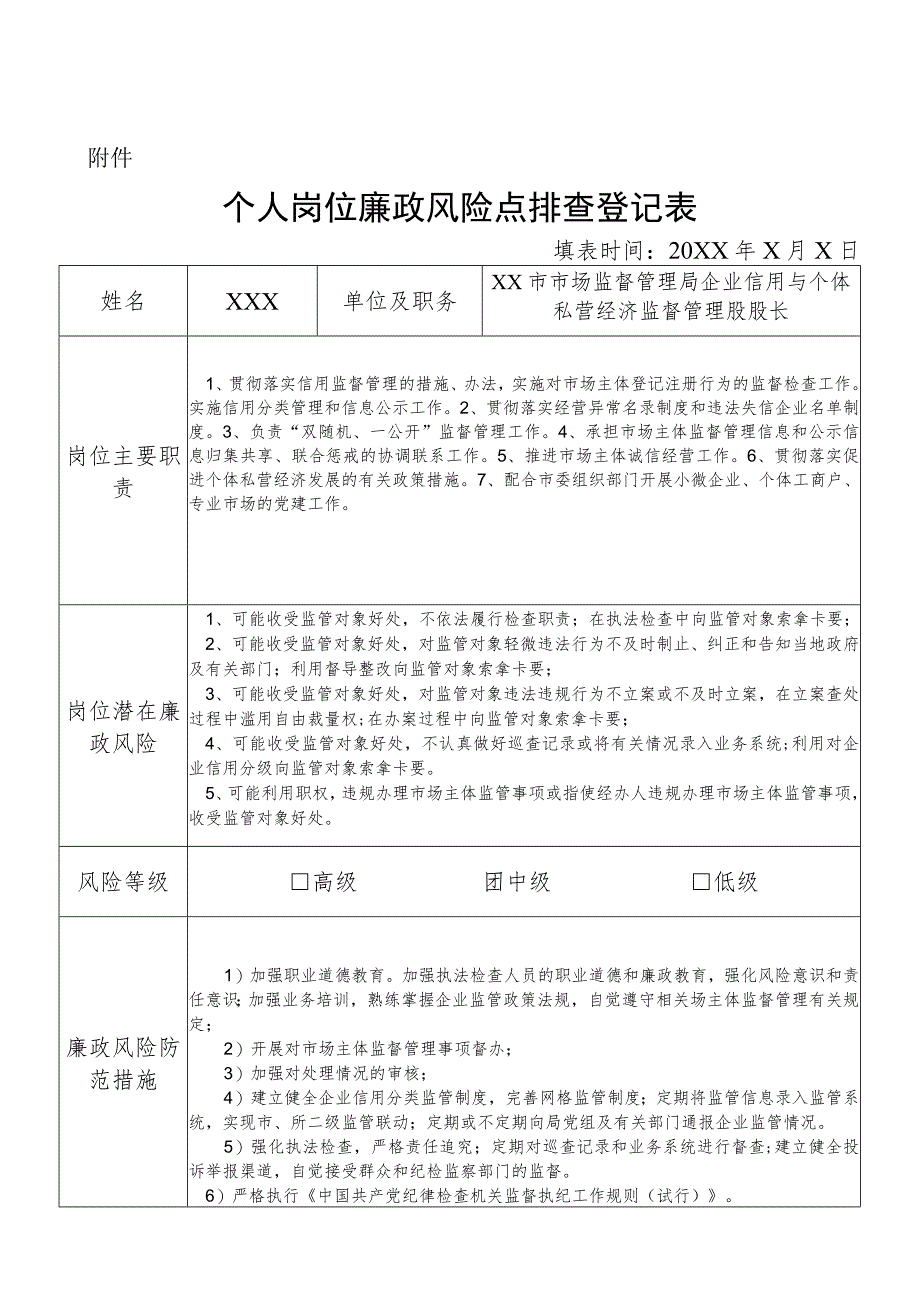 某县市场监督管理部门企业信用与个体私营经济监督管理股股长个人岗位廉政风险点排查登记表.docx_第1页