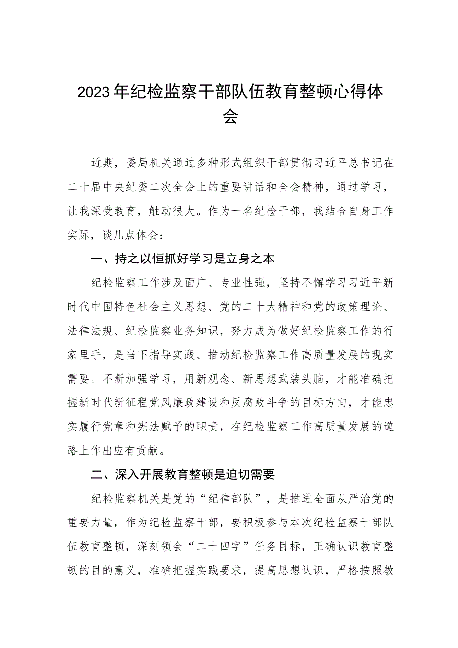 2023纪检监察干部队伍教育整顿心得体会感悟(5篇).docx_第1页