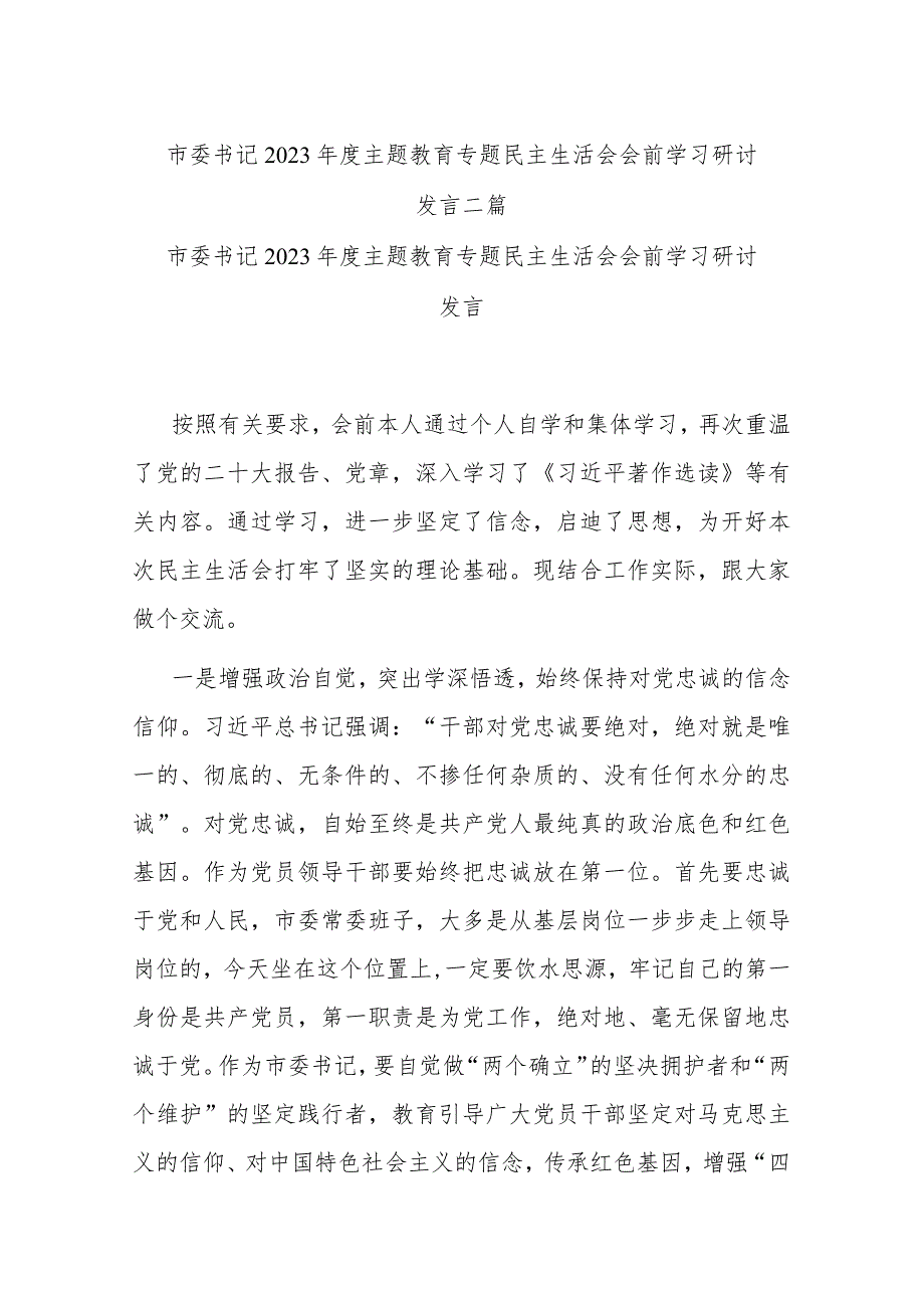 市委书记2023年度主题教育专题民主生活会会前学习研讨发言二篇.docx_第1页