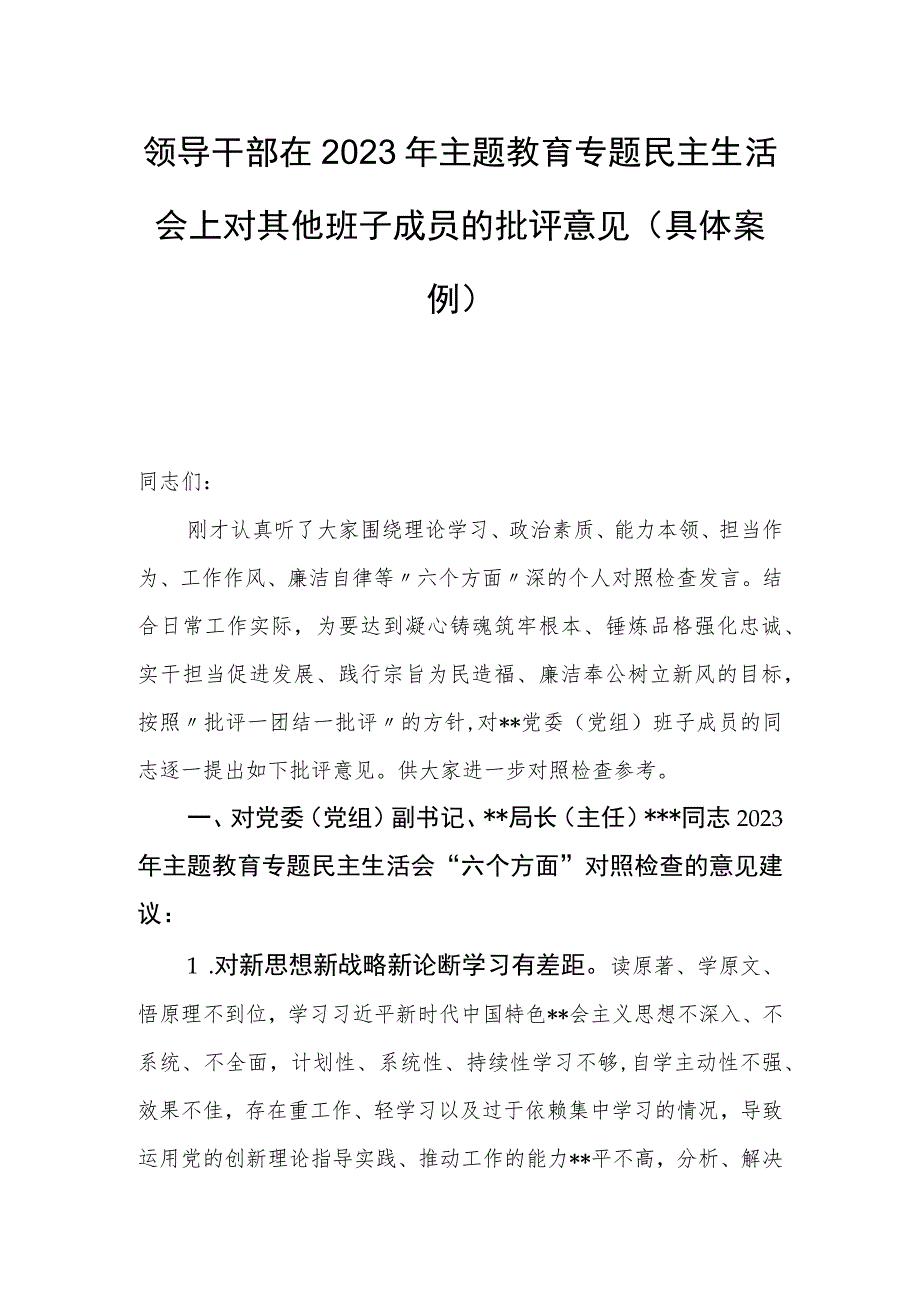 领导干部在2023年主题教育专题民主生活会上对其他班子成员的批评意见（具体案例）.docx_第1页