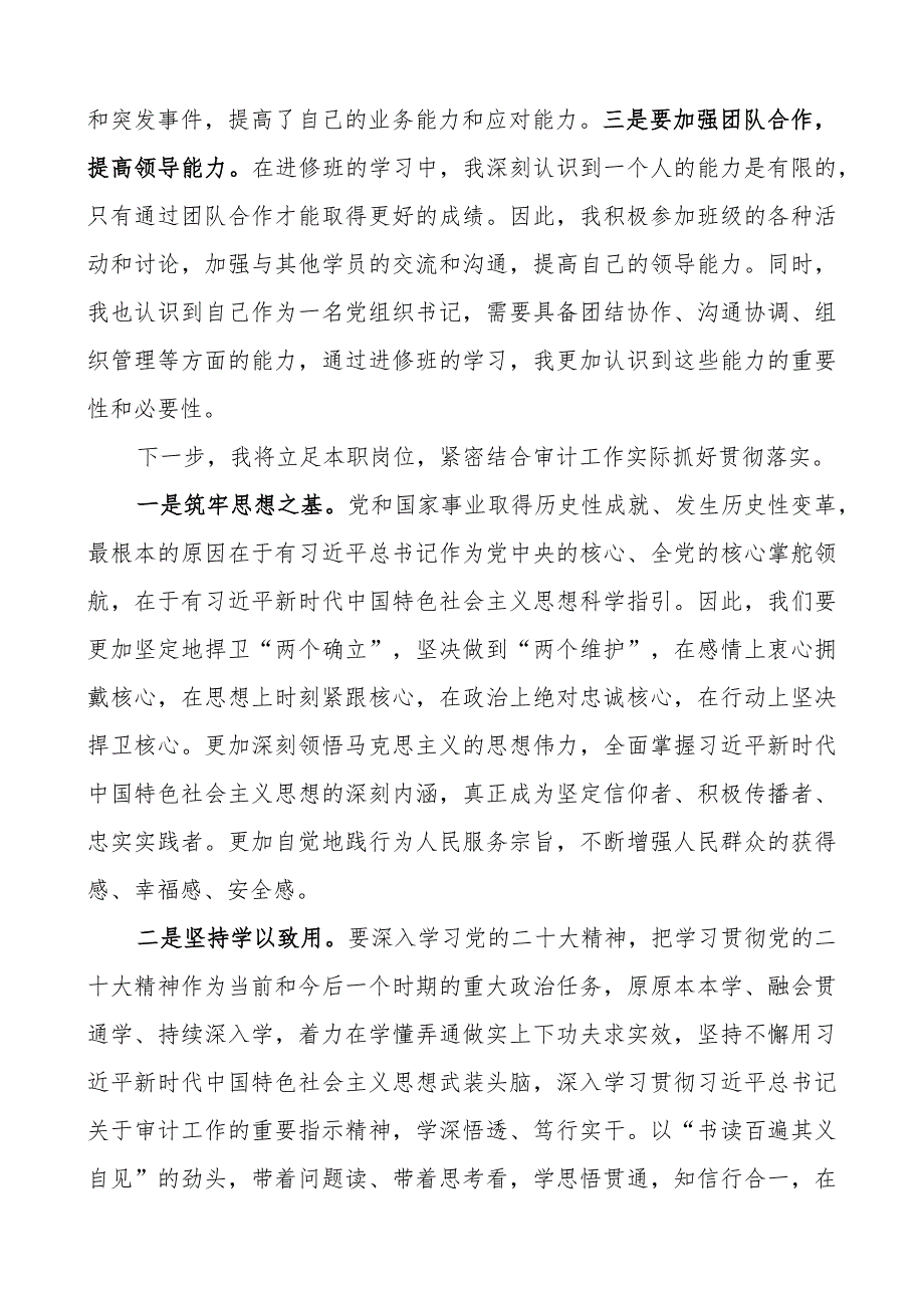 审计局书记在机关团队组织书记进修班上的研讨发言材料培训心得体会.docx_第2页