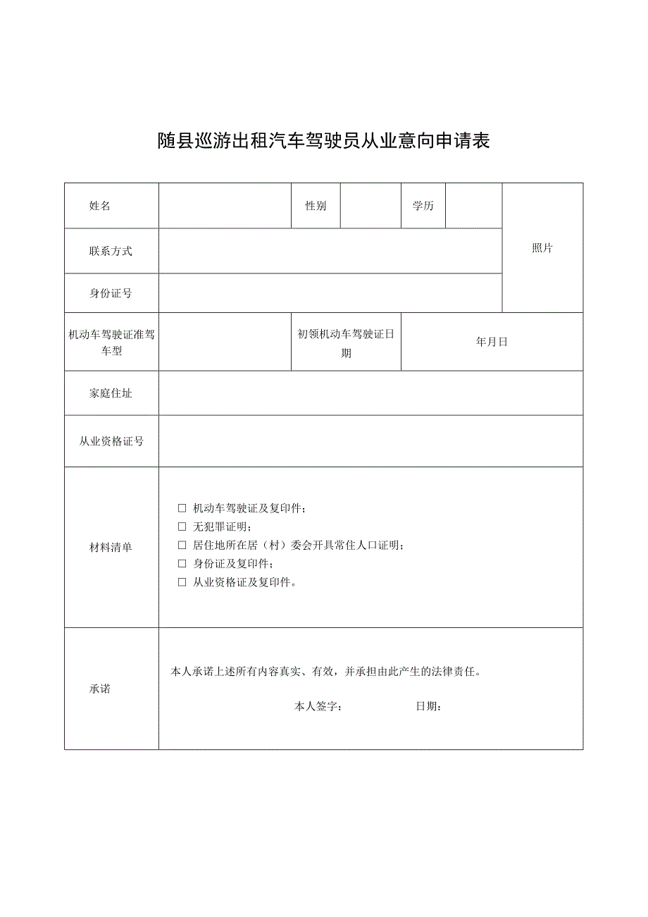 随县巡游出租汽车驾驶员从业意向申请表.docx_第1页