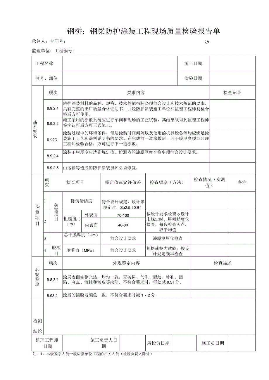 钢桥：钢梁防护涂装工程现场质量检验报告单.docx_第1页