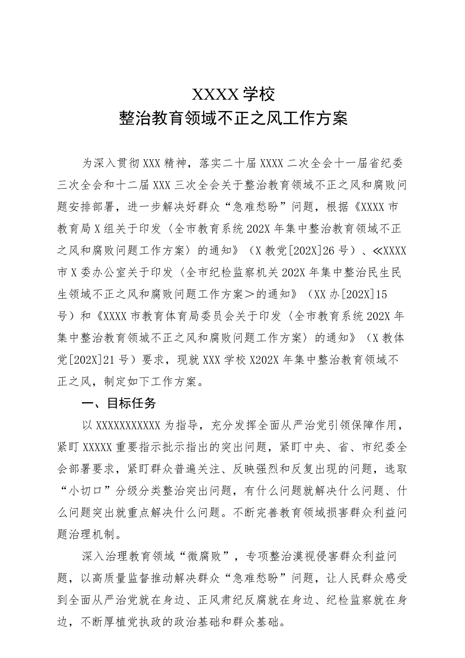 XX学校整治教育领域不正之风工作方案.docx_第1页