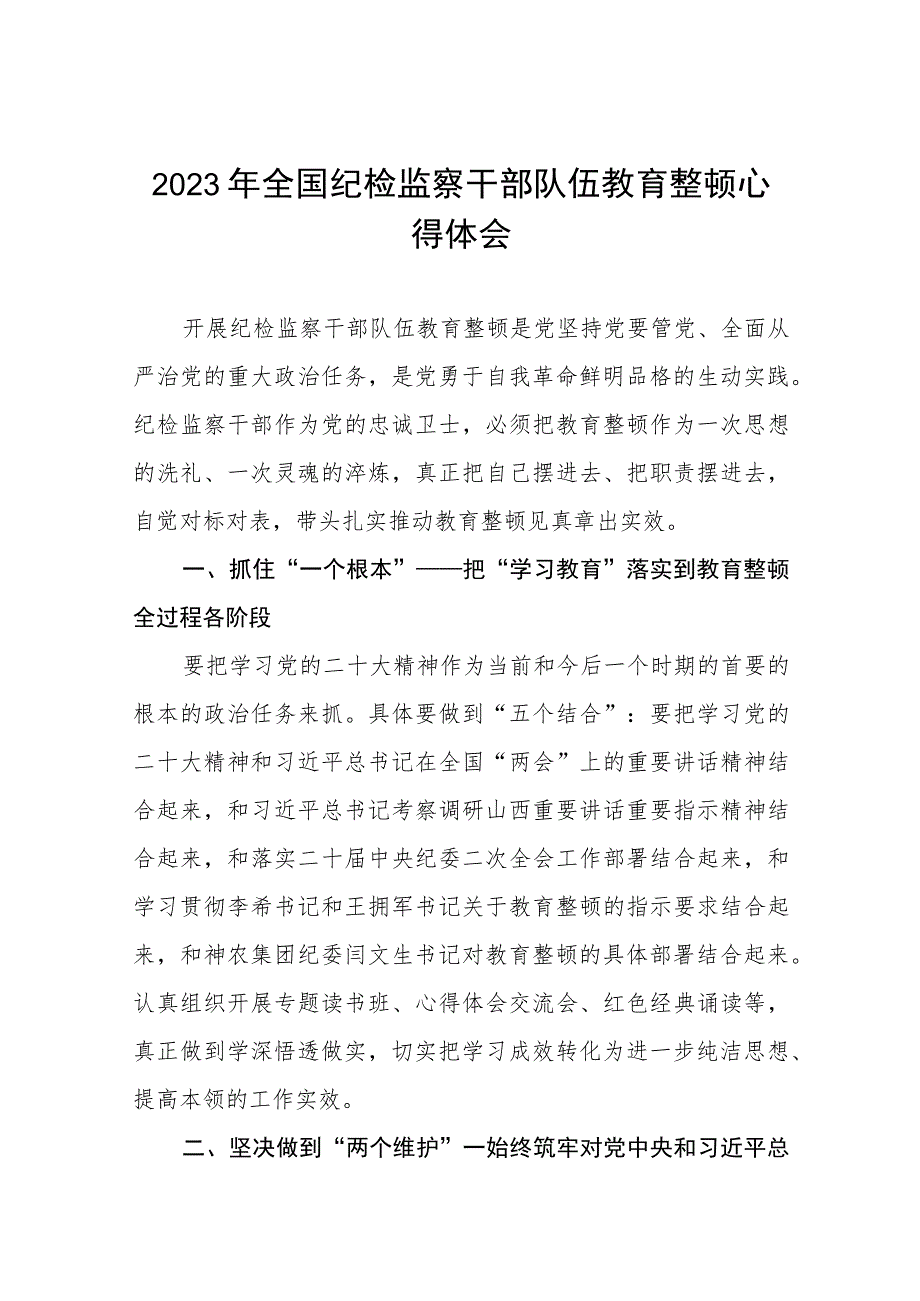 2023纪检监察干部队伍教育整顿心得体会感悟(五篇).docx_第1页