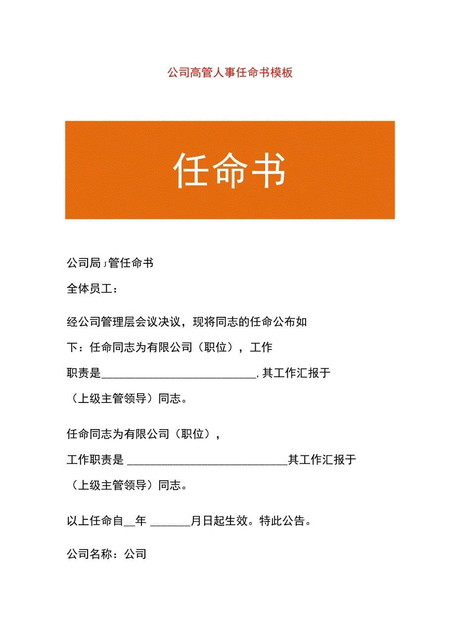 公司高管人事任命书模板.docx_第1页