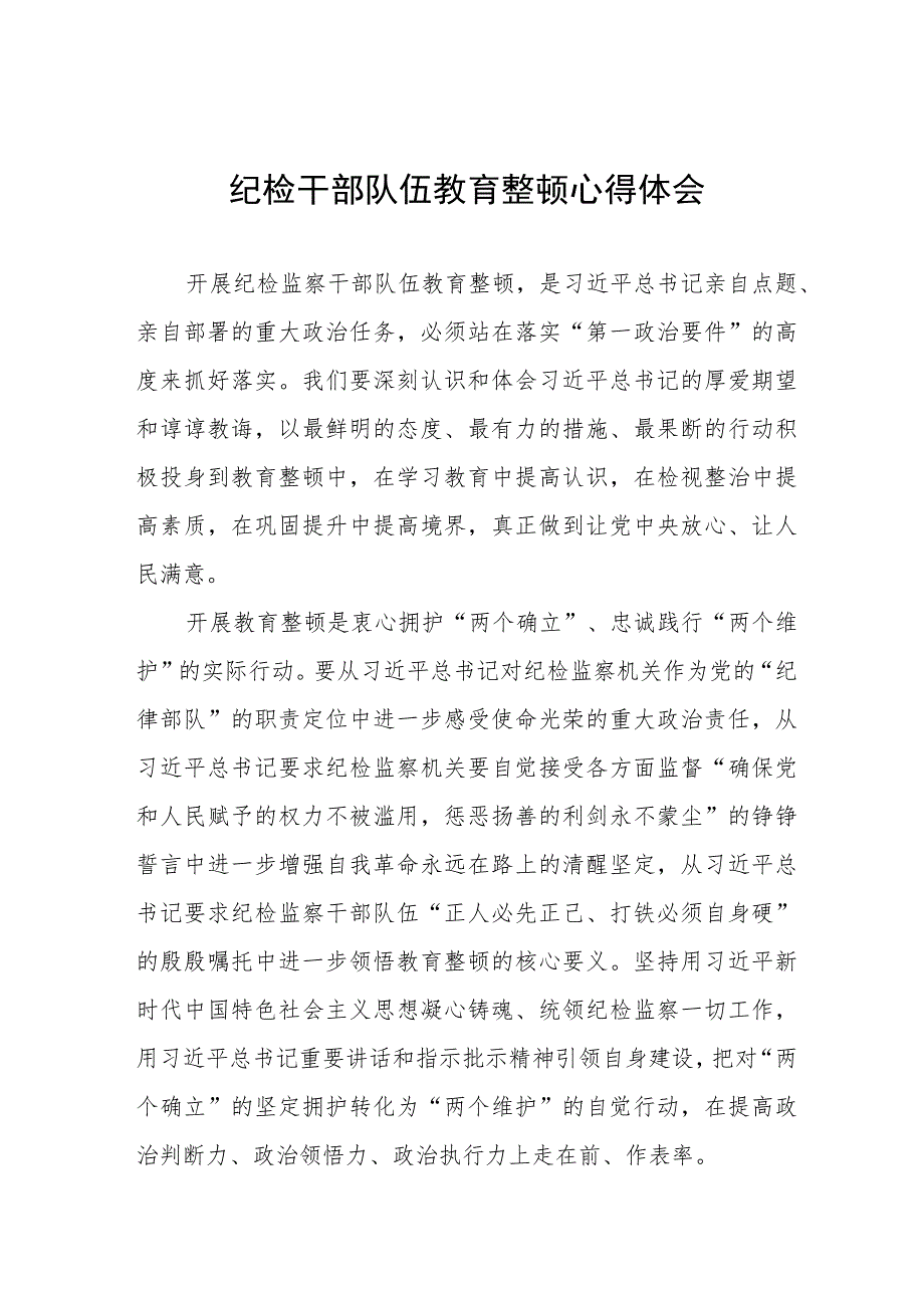 2023纪检干部队伍教育整顿学习感悟(五篇).docx_第1页