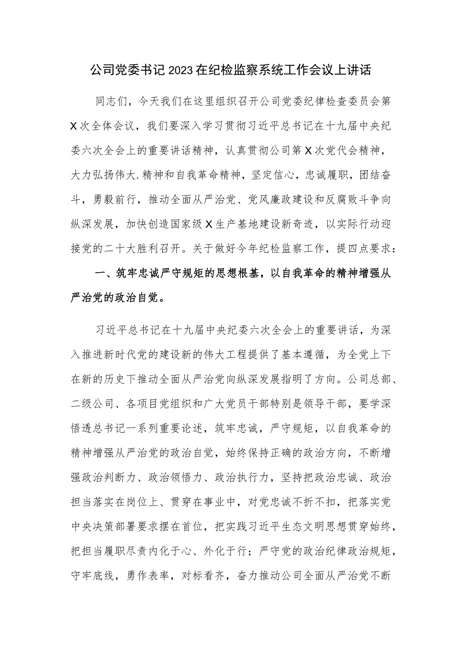 公司党委书记2023在纪检监察系统工作会议上讲话.docx_第1页