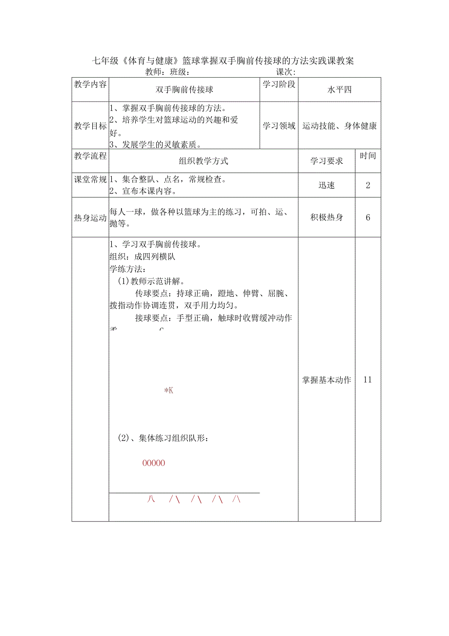 七年级《体育与健康》篮球掌握双手胸前传接球的方法实践课教案.docx_第1页