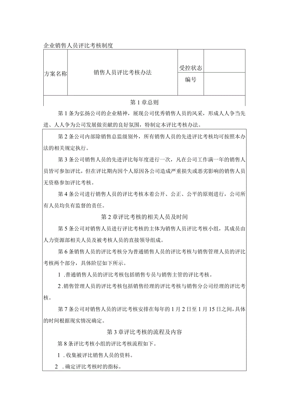 企业销售人员评比考核制度.docx_第1页