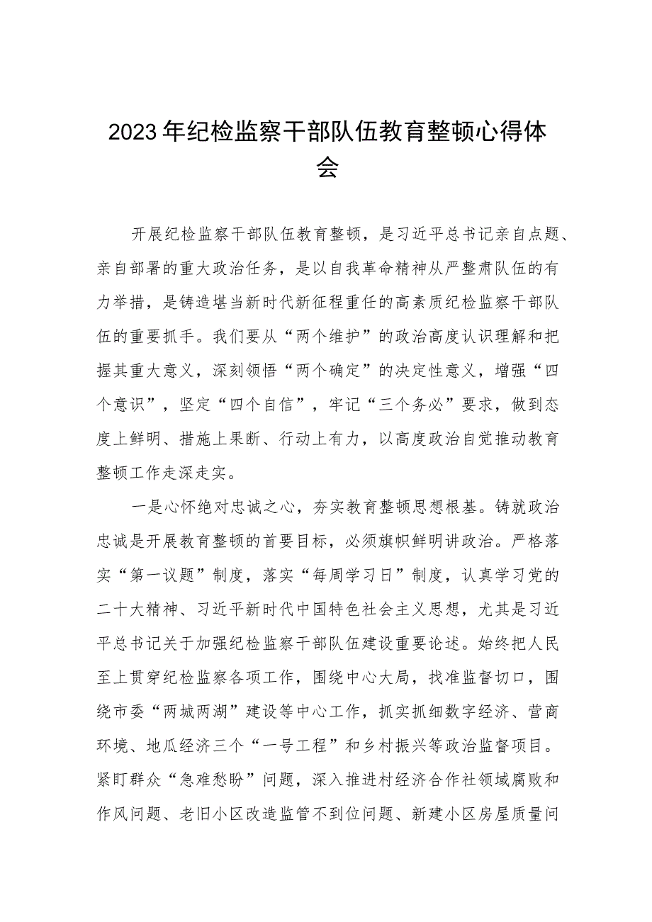 全国纪检监察干部队伍教育整顿心得体会发言材料精品(八篇).docx_第1页