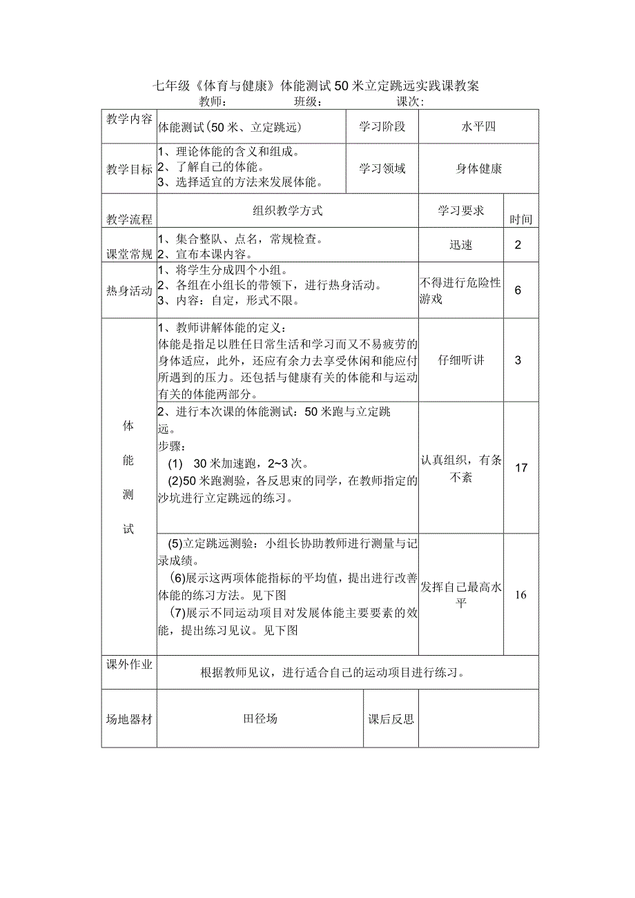 七年级《体育与健康》体能测试50米立定跳远实践课教案.docx_第1页