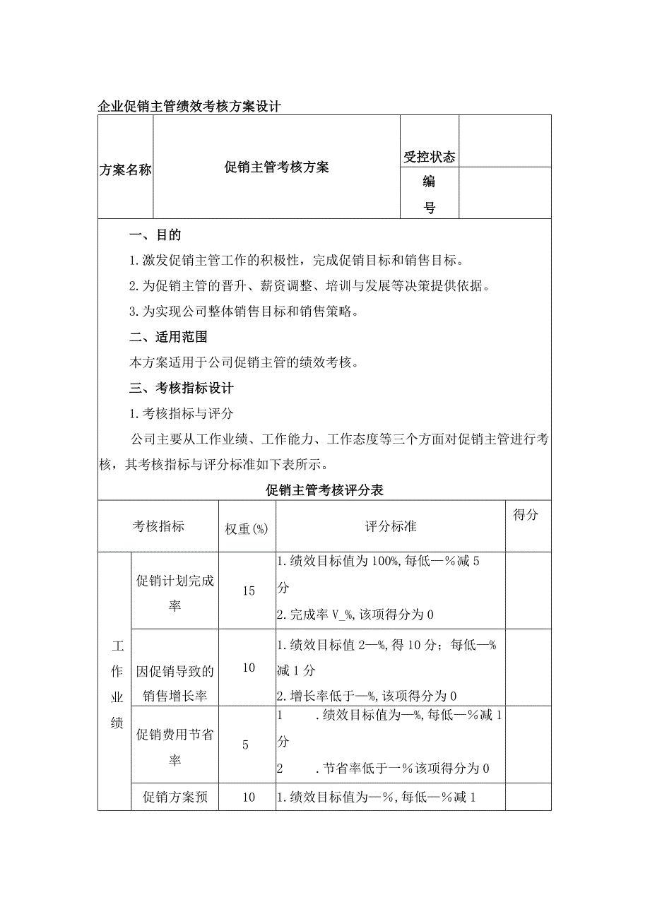 企业促销主管绩效考核方案设计.docx_第1页