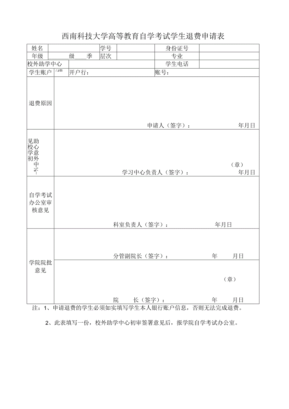 西南科技大学高等教育自学考试学生退费申请表.docx_第1页