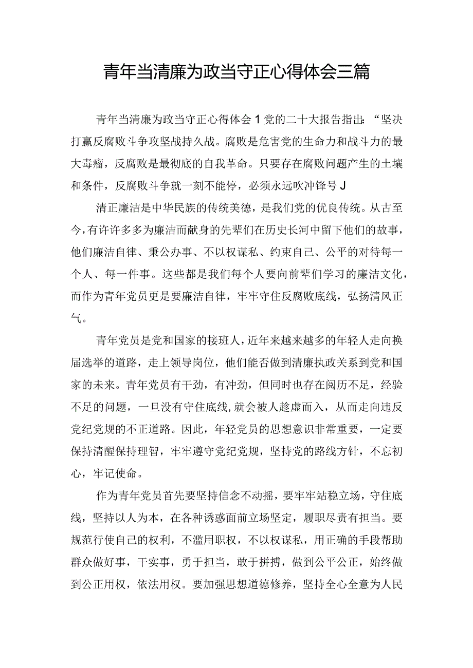 青年当清廉为政当守正心得体会三篇.docx_第1页