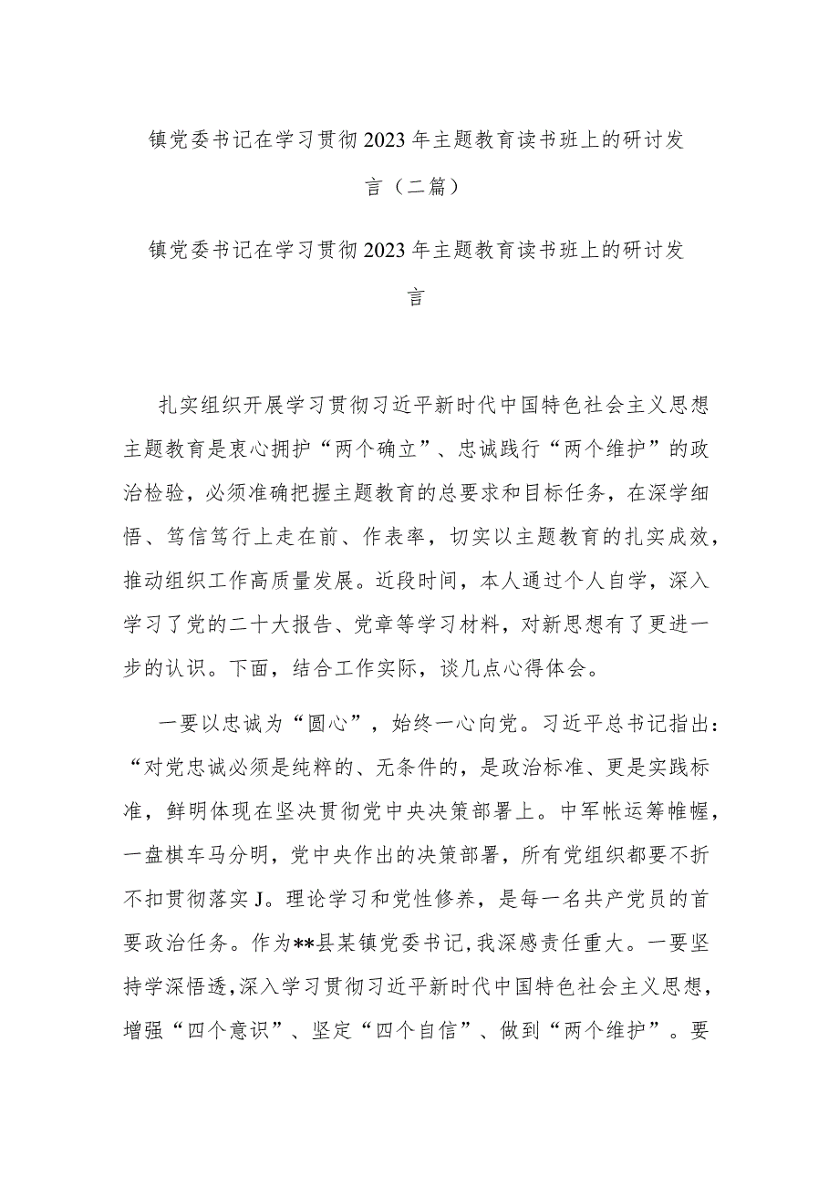 镇党委书记在学习贯彻2023年主题教育读书班上的研讨发言(二篇).docx_第1页