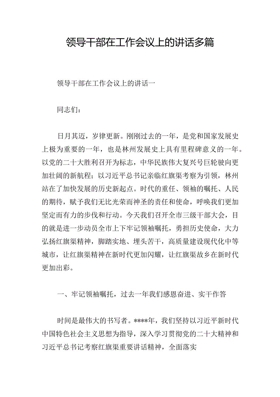 领导干部在工作会议上的讲话多篇.docx_第1页