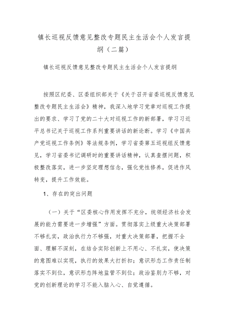 镇长巡视反馈意见整改专题民主生活会个人发言提纲(二篇).docx_第1页