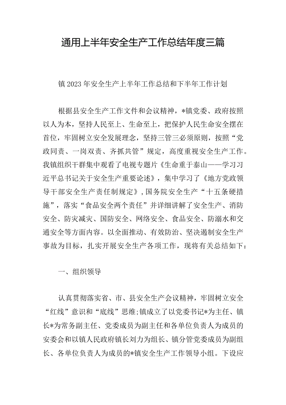 通用上半年安全生产工作总结年度三篇.docx_第1页