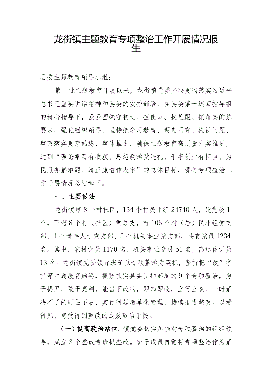 龙街镇主题教育专项整治工作开展情况报告.docx_第1页