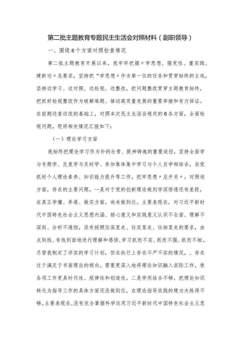 第二批主题教育专题民主生活会对照材料（副职领导）.docx_第1页