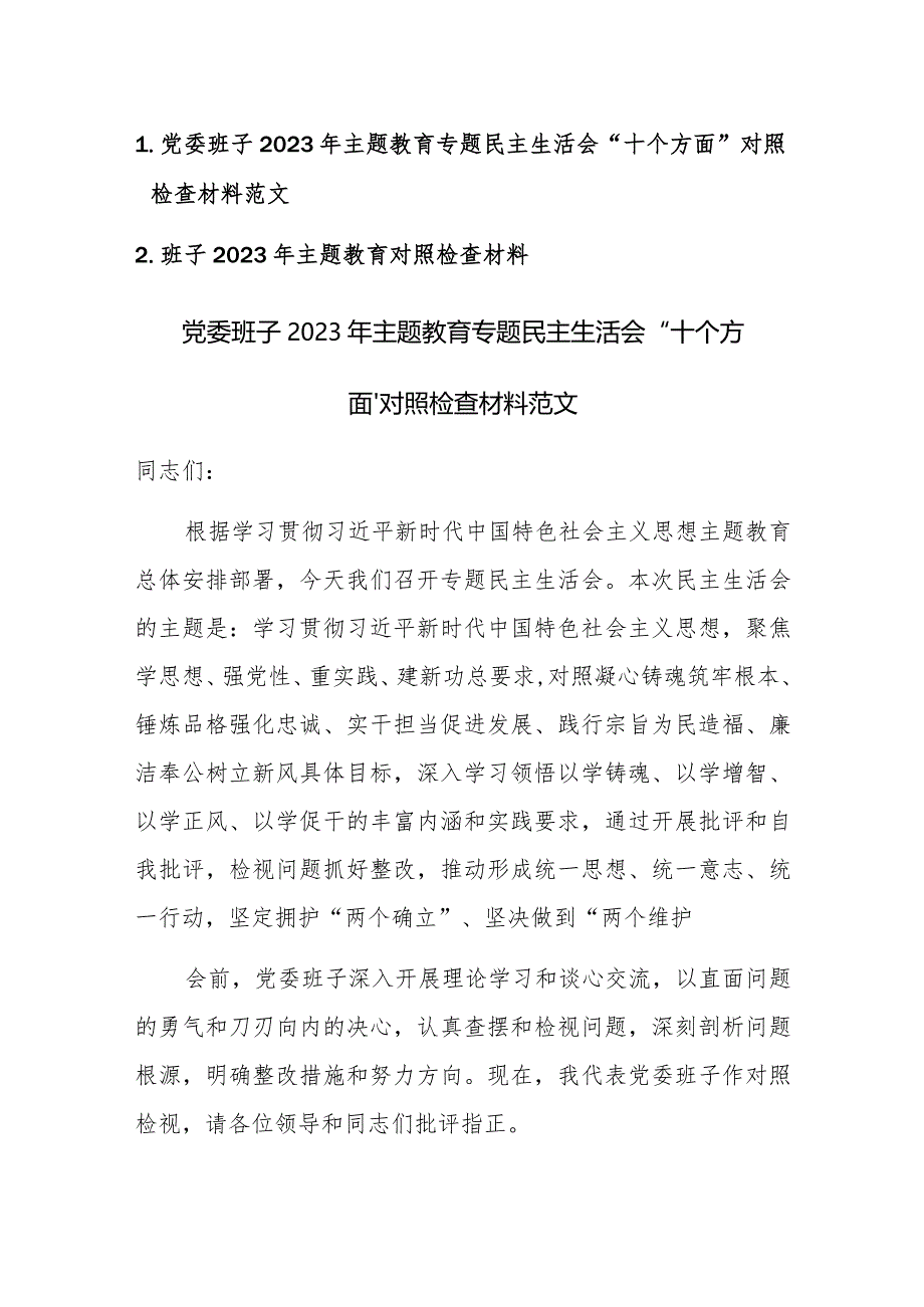 党委班子2023年主题教育专题民主生活会“十个方面”对照检查材料范文.docx_第1页