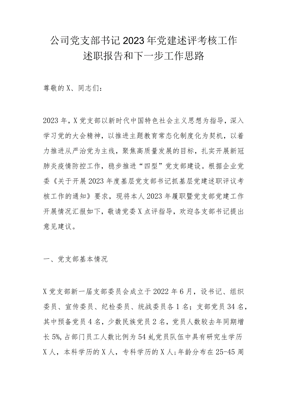 公司党支部书记2023年党建述评考核工作述职报告和下一步工作思路.docx_第1页