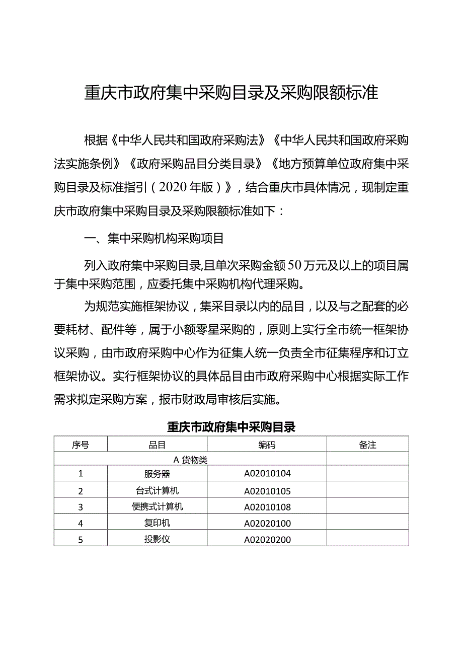 重庆市政府集中采购目录及采购限额标准.docx_第1页