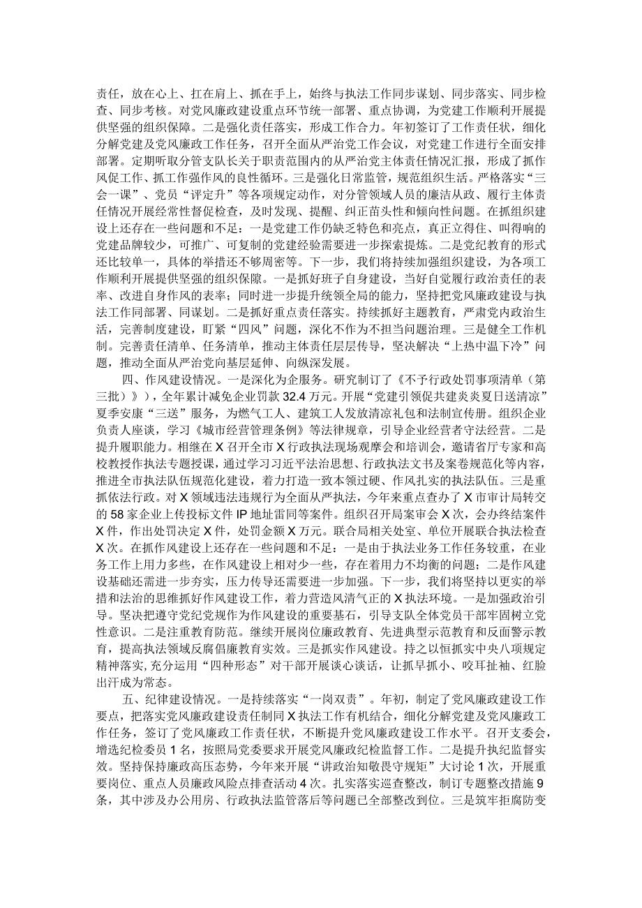 执法支队2023年度落实全面从严治党主体责任述职报告.docx_第2页