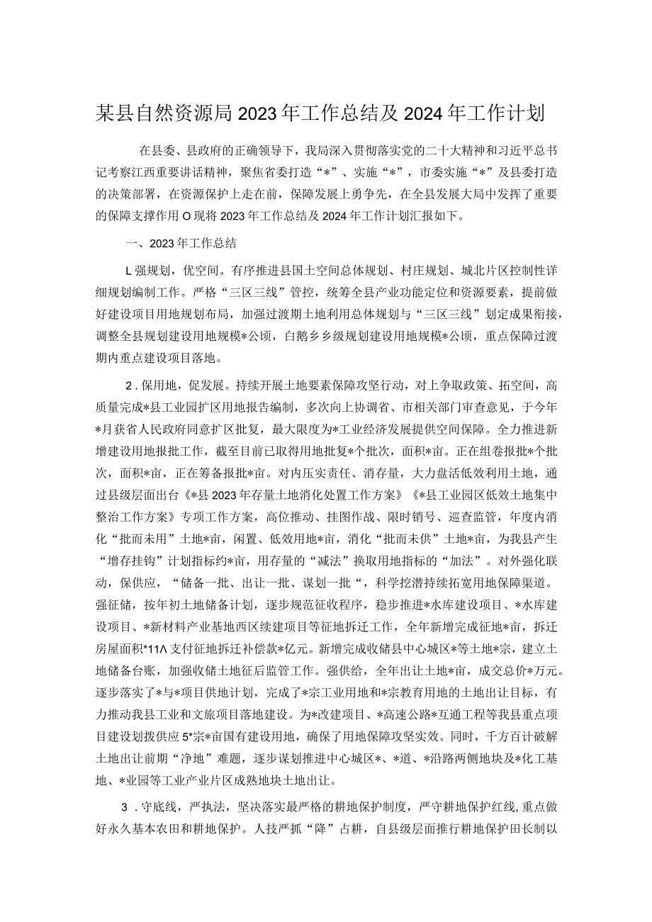 某县自然资源局2023年工作总结及2024年工作计划.docx_第1页