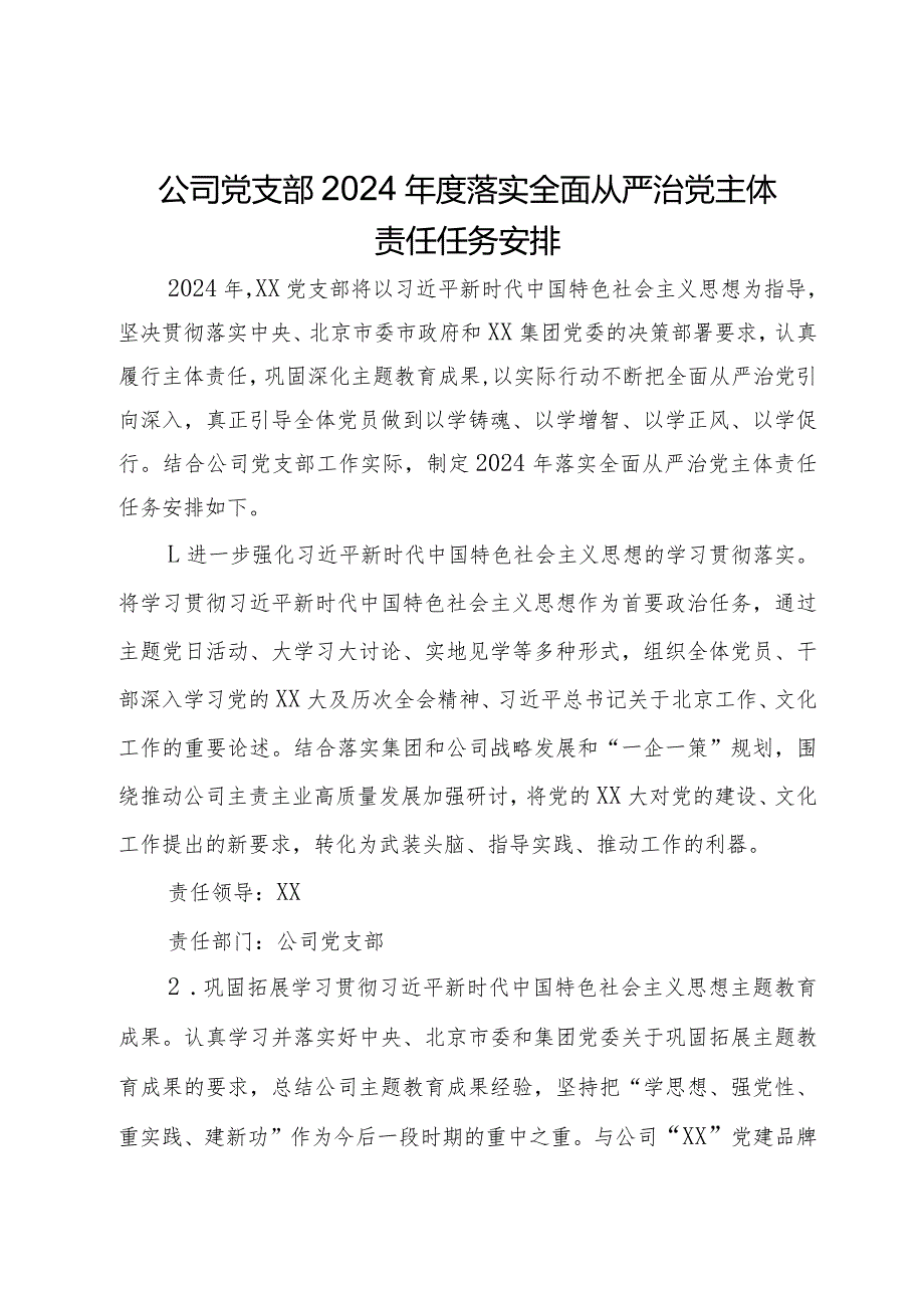 公司党支部2024年度落实全面从严治党主体责任任务安排.docx_第1页