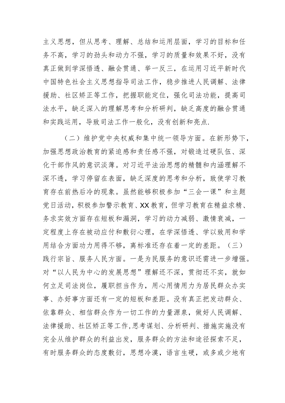 2023年主题教育专题民主生活会个人对照检查 司法系统（践行宗旨等6个方面+案例剖析+上年度整改+个人事项）.docx_第2页