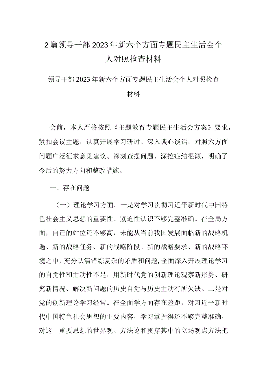 2篇领导干部2023年新六个方面专题民主生活会个人对照检查材料.docx_第1页