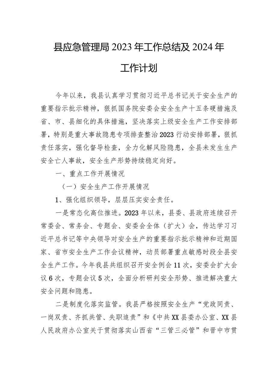 县应急管理局2023年工作总结及2024年工作计划(20231226).docx_第1页