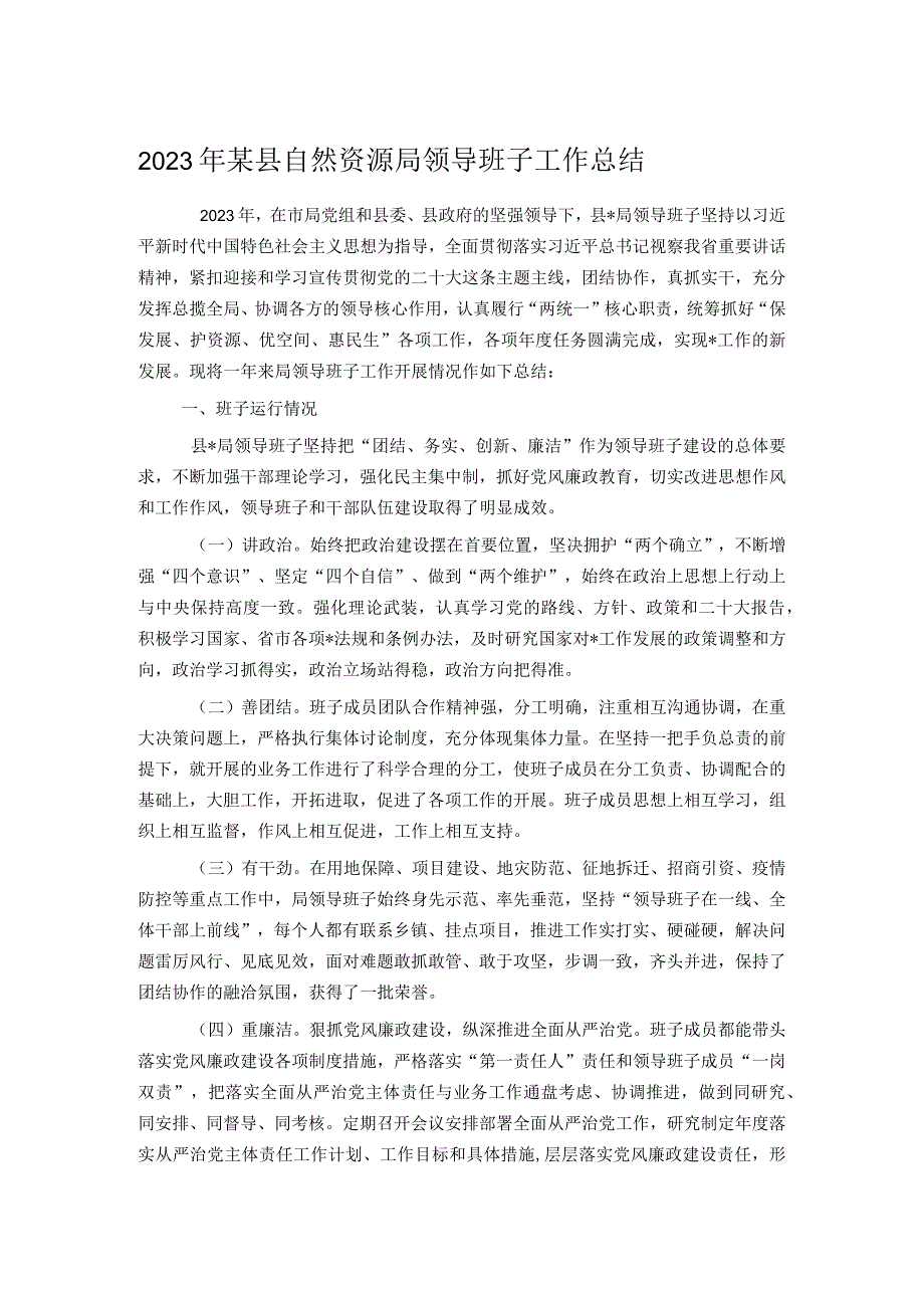 2023年某县自然资源局领导班子工作总结.docx_第1页