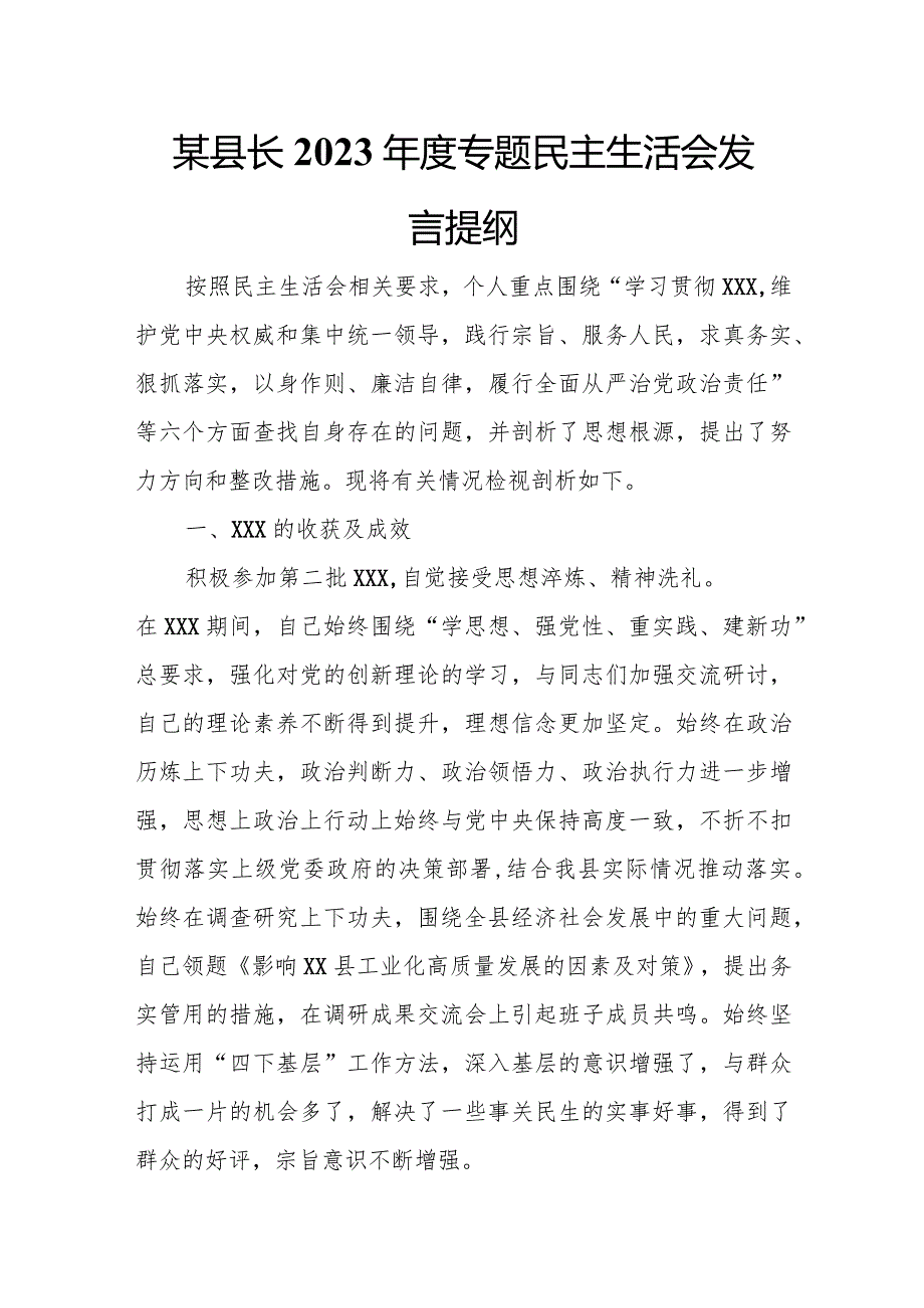 某县长2023年度专题民主生活会发言提纲.docx_第1页