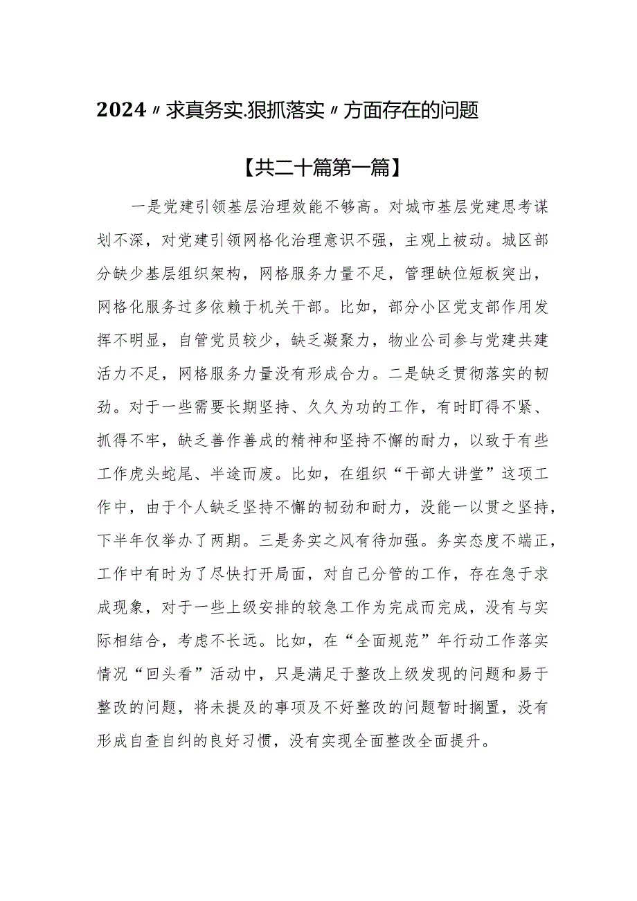 （20篇）2024“求真务实、狠抓落实”方面存在的问题.docx_第1页