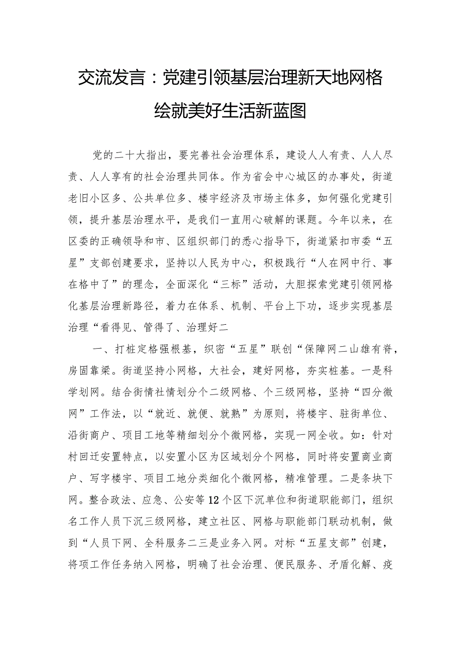 交流发言：党建引领基层治理新天地网格绘就美好生活新蓝图.docx_第1页