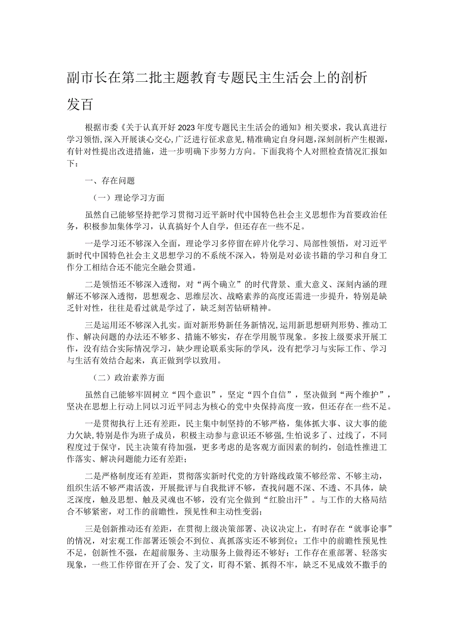 副市长在第二批主题教育专题民主生活会上的剖析发言.docx_第1页