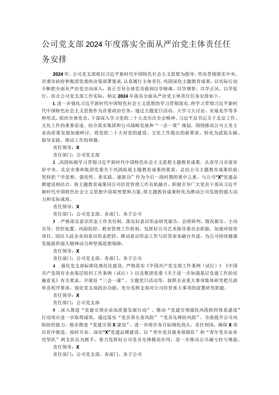 公司党支部2024年度落实全面从严治党主体责任任务安排.docx_第1页