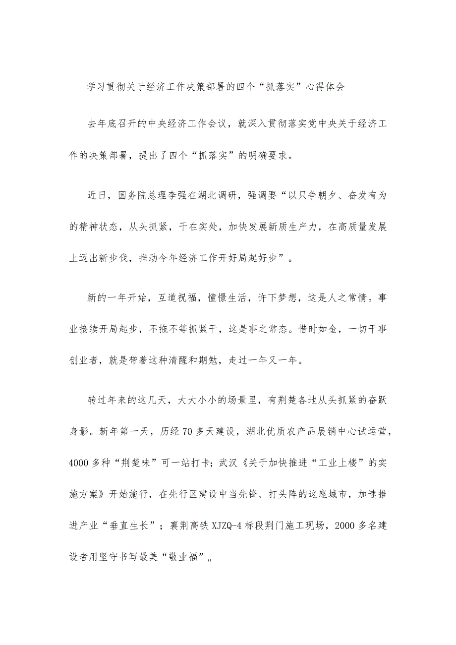 学习贯彻关于经济工作决策部署的四个“抓落实”心得体会.docx_第1页