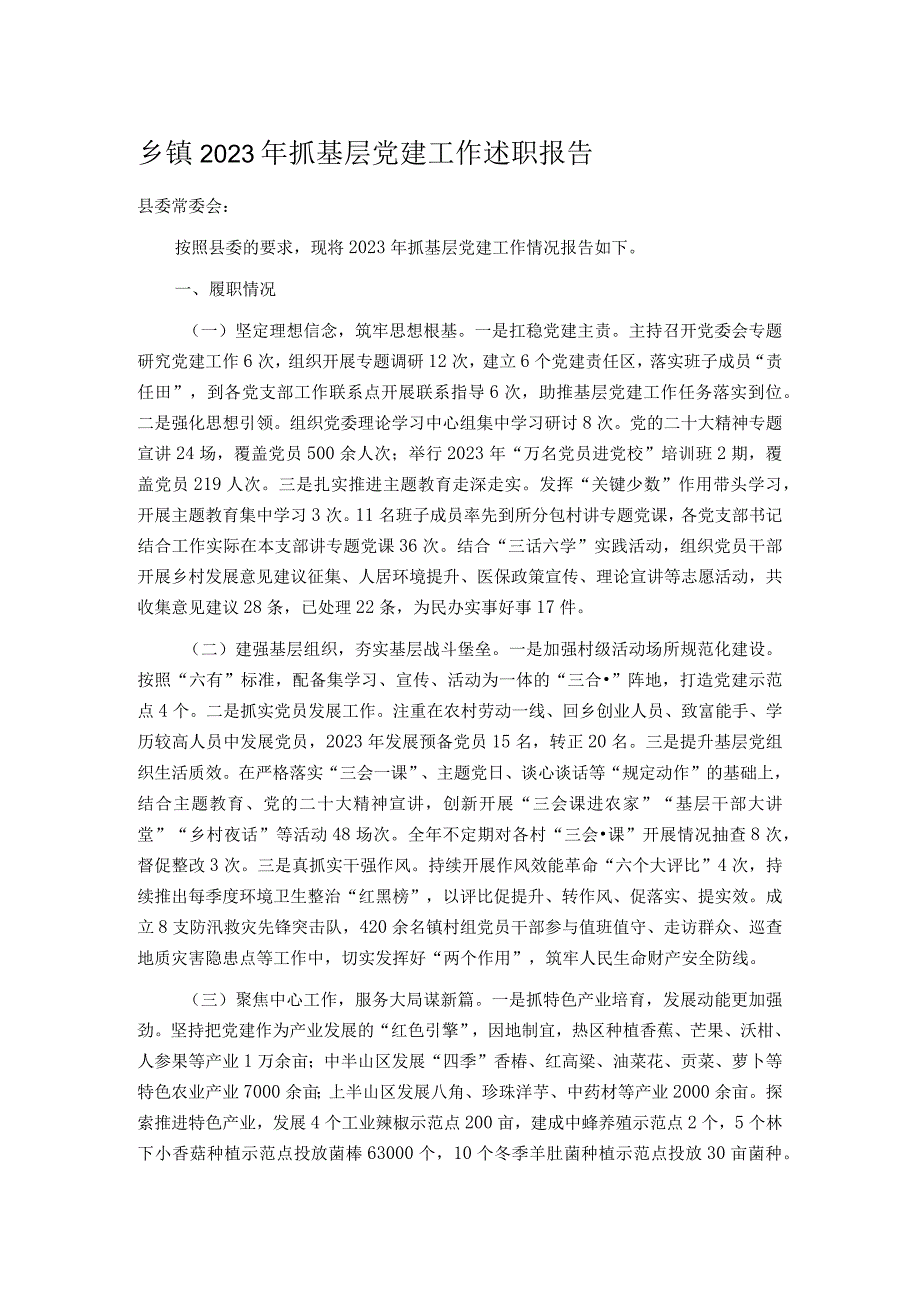 乡镇2023年抓基层党建工作述职报告.docx_第1页