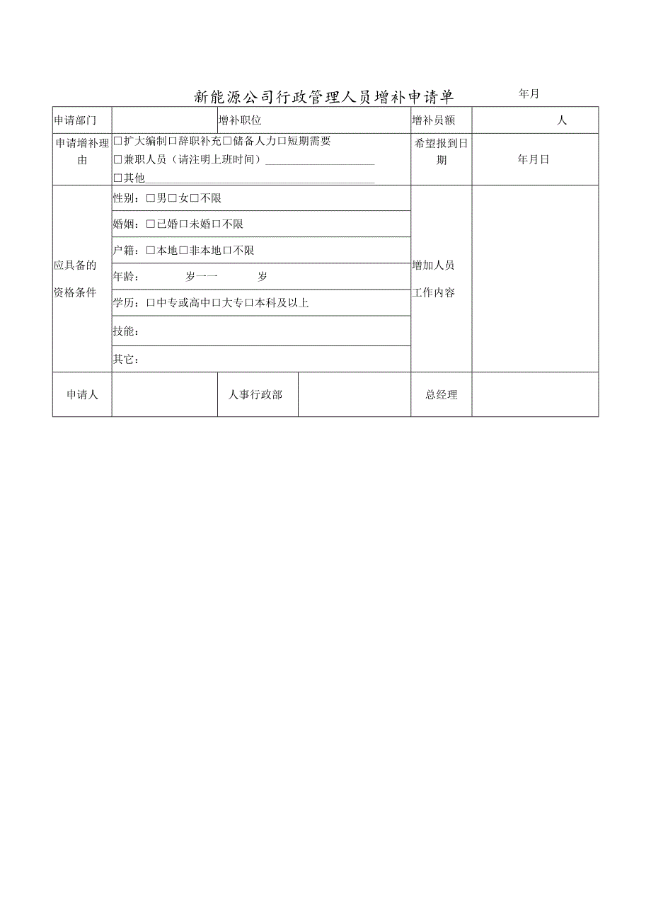 新能源公司行政管理人员增补申请单.docx_第1页