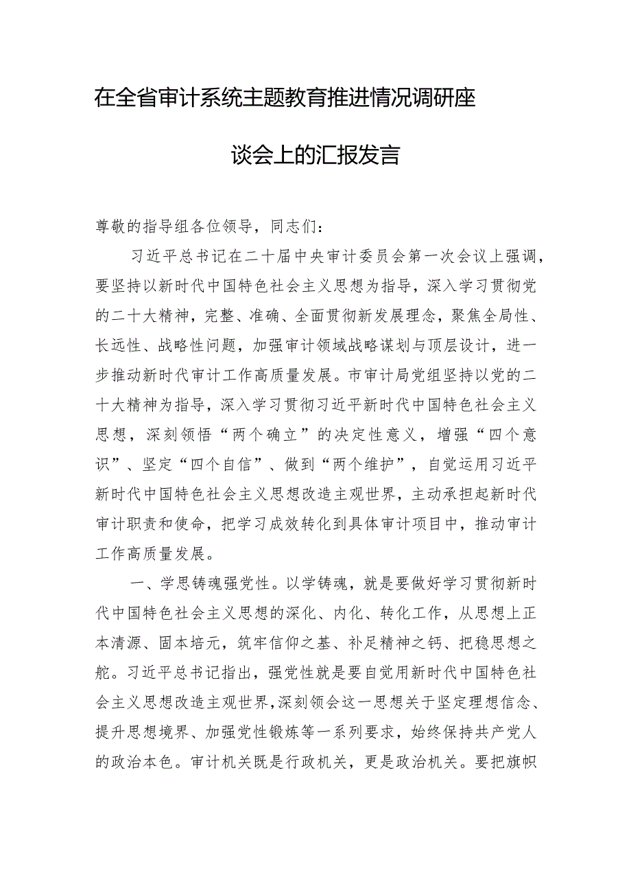 在全省审计系统主题教育推进情况调研座谈会上的汇报发言.docx_第1页