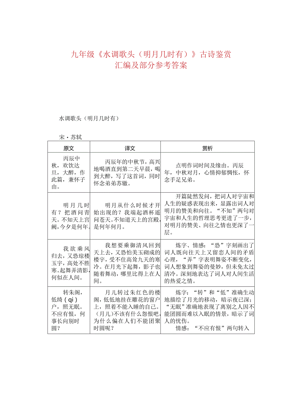 九年级《水调歌头(明月几时有)》古诗鉴赏汇编及部分参考答案.docx_第1页