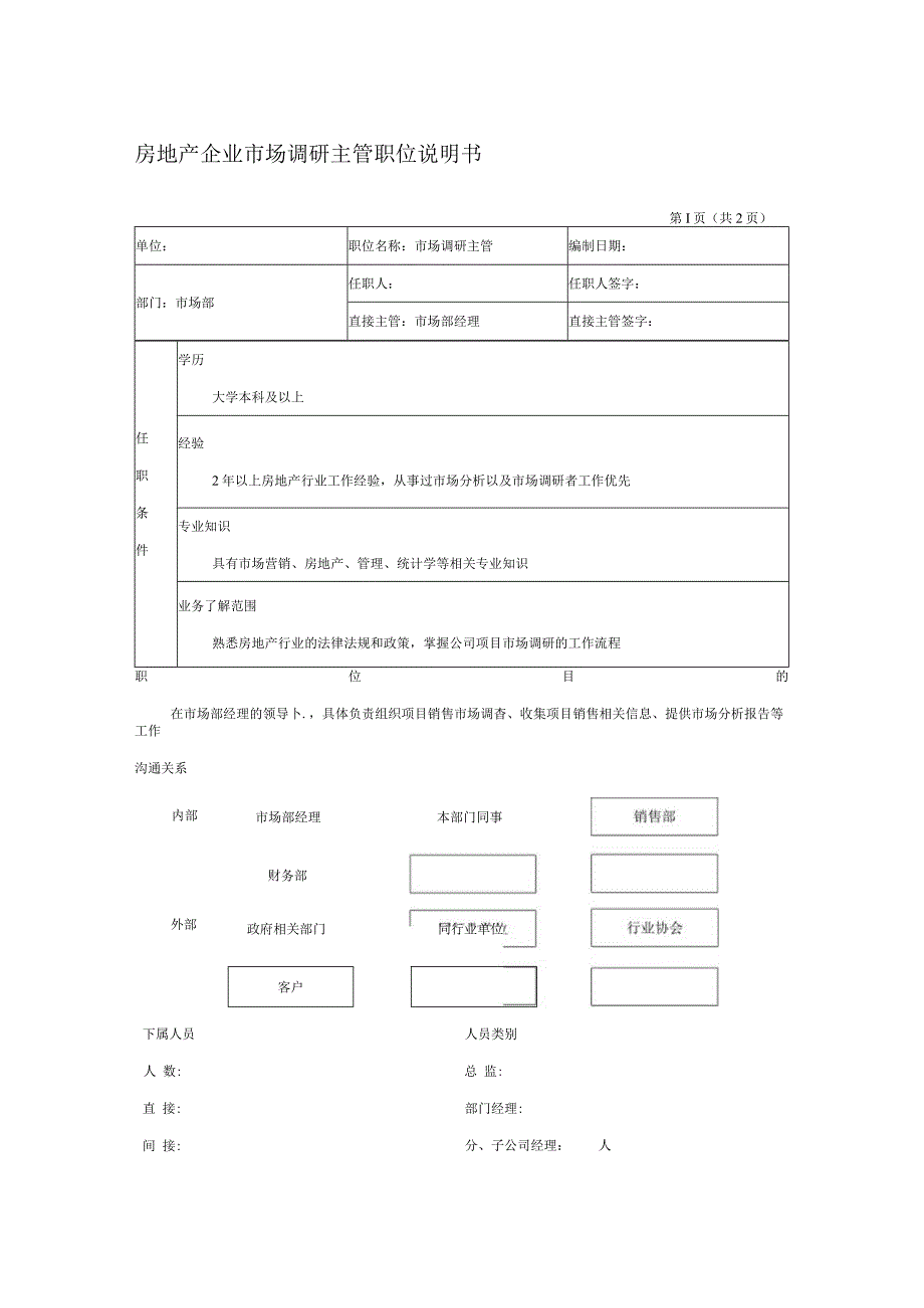 房地产企业市场调研主管职位说明书.docx_第1页