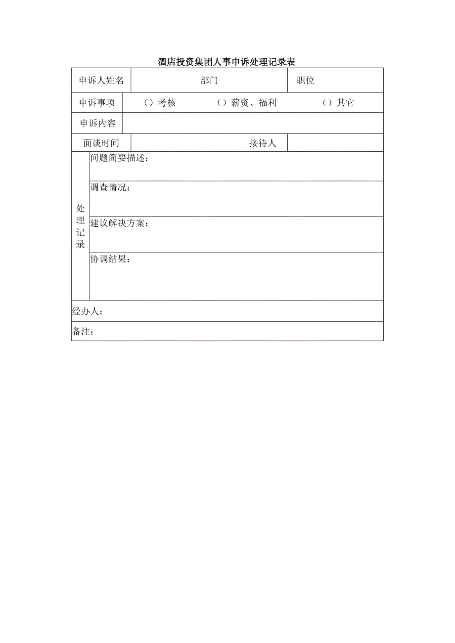 酒店投资集团人事申诉处理记录表.docx_第1页