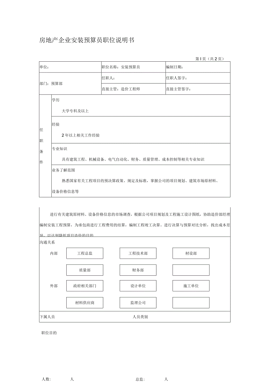 房地产企业安装预算员职位说明书.docx_第1页