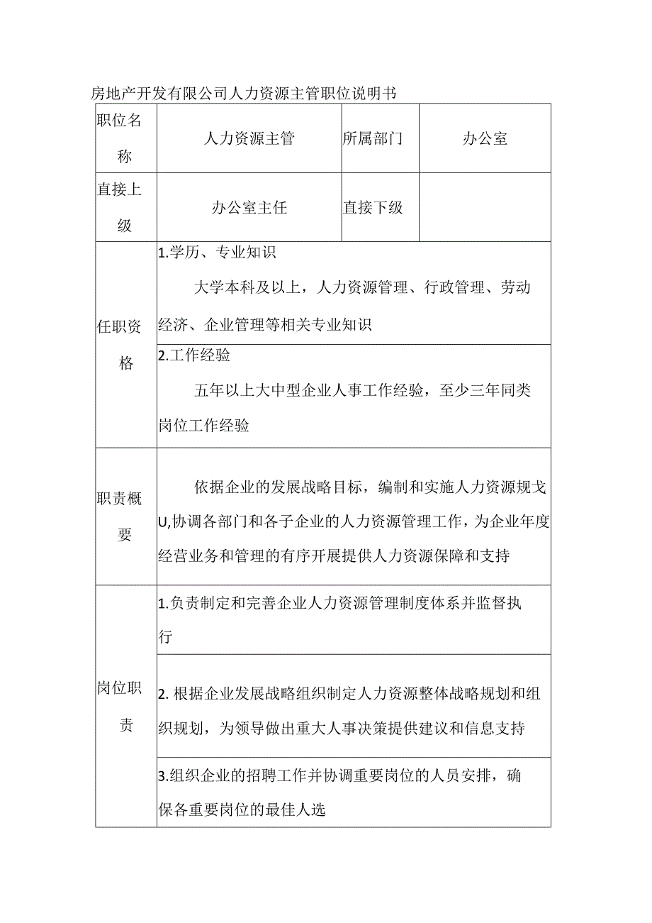 房地产开发有限公司人力资源主管职位说明书.docx_第1页