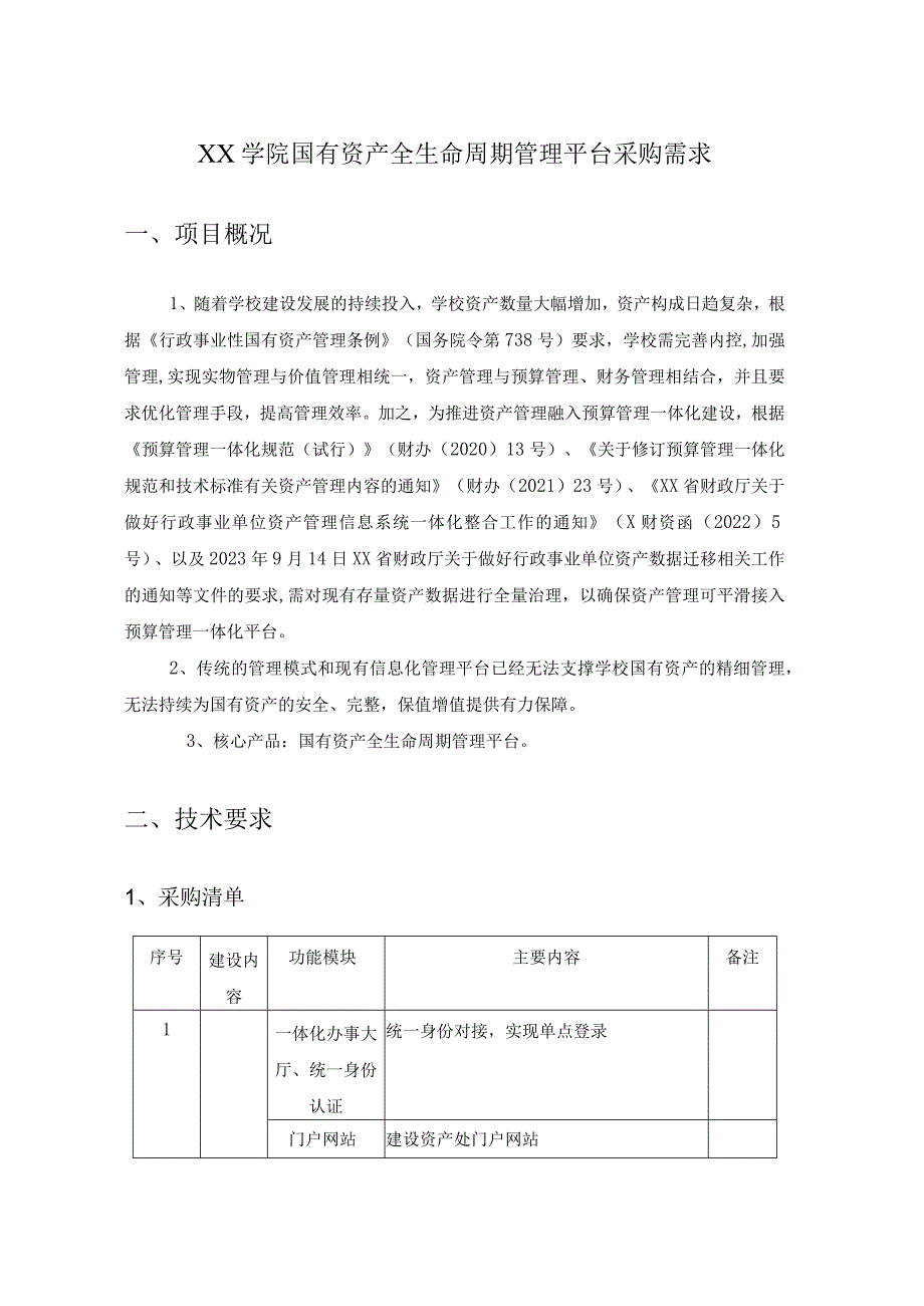 XX学院国有资产全生命周期管理平台采购需求.docx_第1页